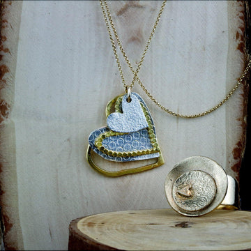 Heart necklace and ring Sets for Women, Jewelry Gift Set, Two Tone Necklace for Women, Heart Pendant Necklace, Valentines day Gift